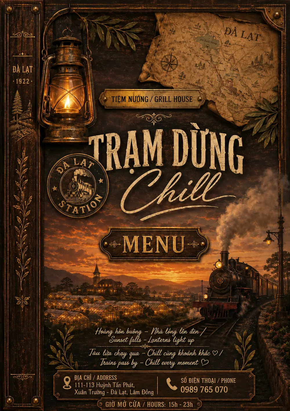 Bìa menu Tiệm Nướng Trạm Dừng Chill — quán nướng Đà Lạt view hoàng hôn và tàu cổ, đường Huỳnh Tấn Phát, Xuân Trường, mở cửa 15h-23h