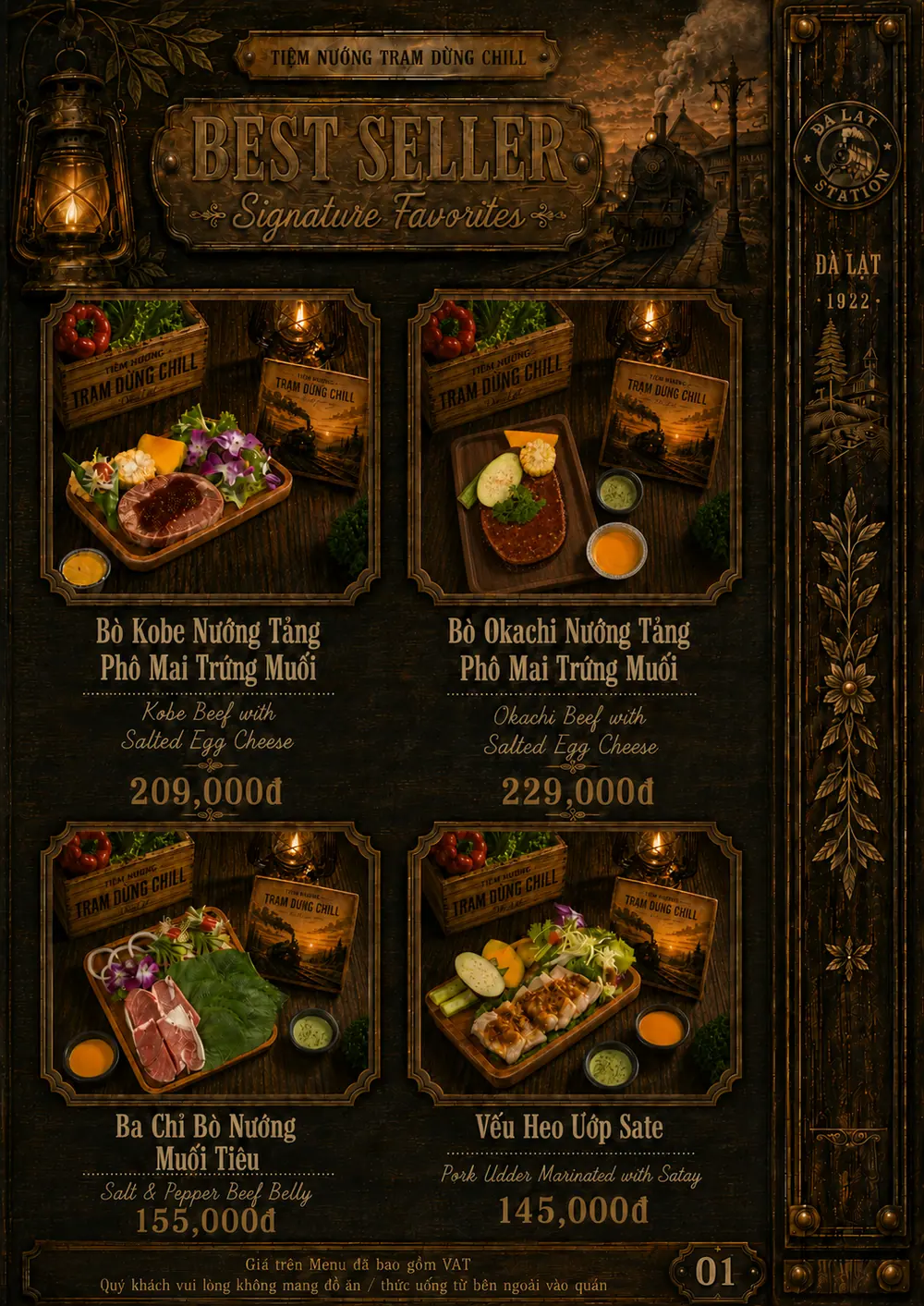 Trang best seller menu quán nướng Đà Lạt: bò Kobe nướng tảng phô mai trứng muối, bò Okachi nướng tảng, ba chỉ bò nướng muối tiêu, vếu heo ướp sate