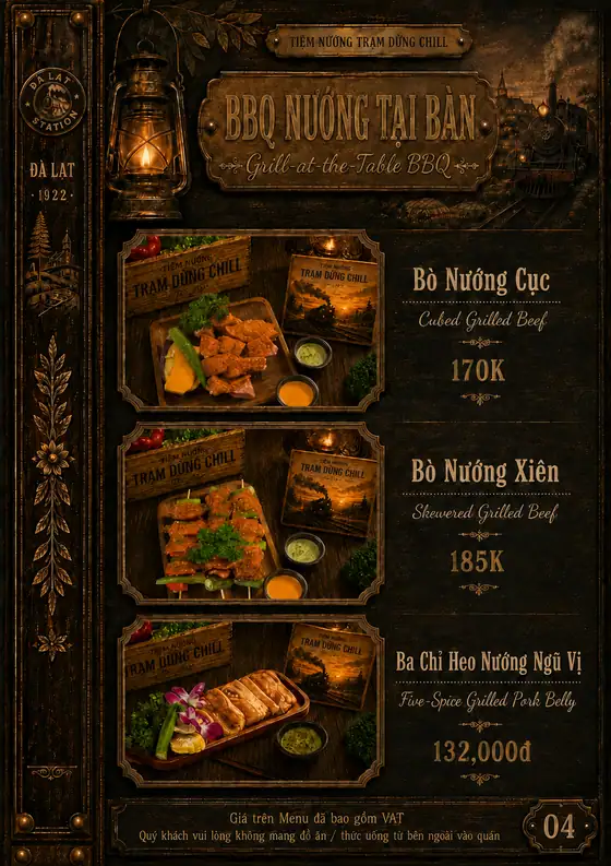 Thực đơn BBQ nướng tại bàn Đà Lạt: bò nướng cục, bò nướng xiên, ba chỉ heo nướng ngũ vị