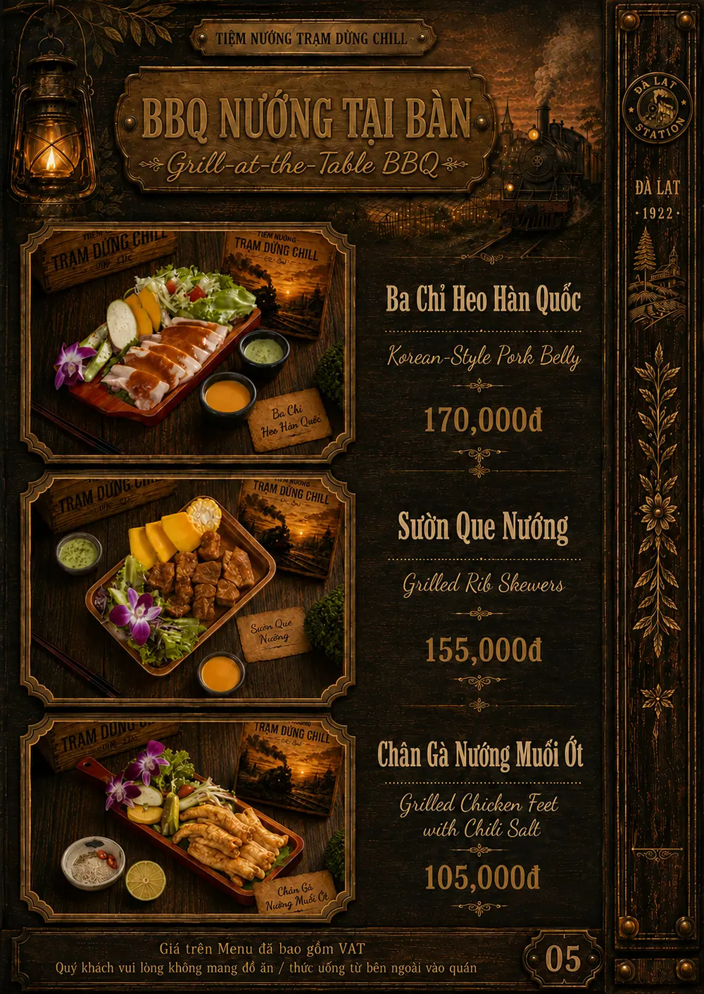 Menu nướng tại bàn: ba chỉ heo Hàn Quốc, sườn que nướng, chân gà nướng muối ớt