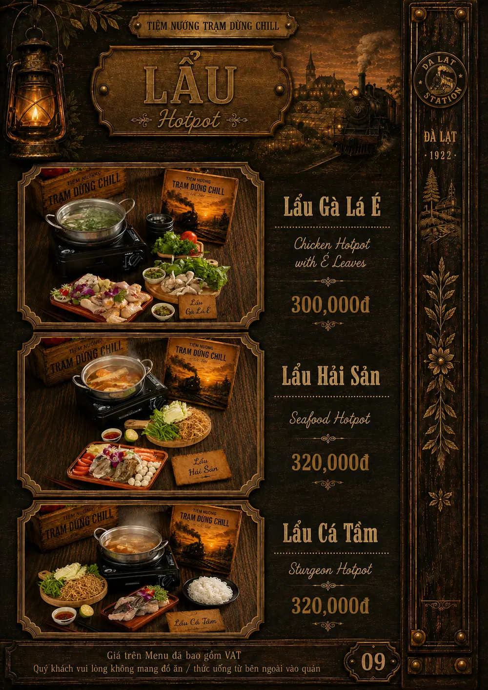 Menu lẩu Đà Lạt: lẩu gà lá é, lẩu hải sản, lẩu cá tầm — nồi lẩu nóng cho nhóm đông