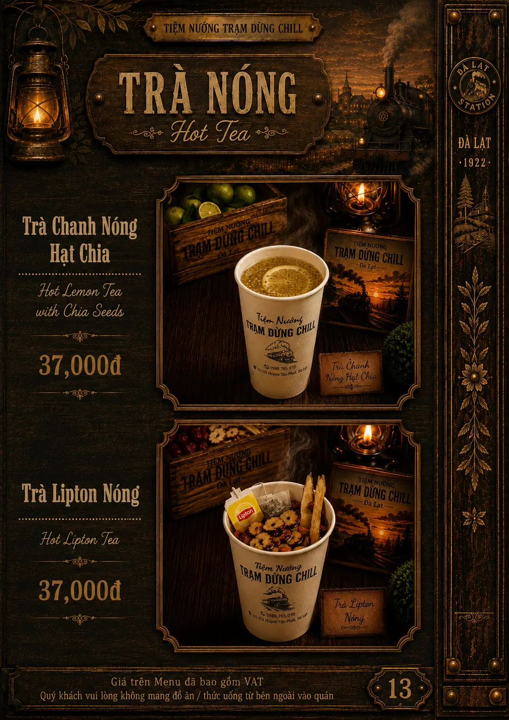 Trà nóng: trà chanh nóng hạt chia, trà Lipton nóng