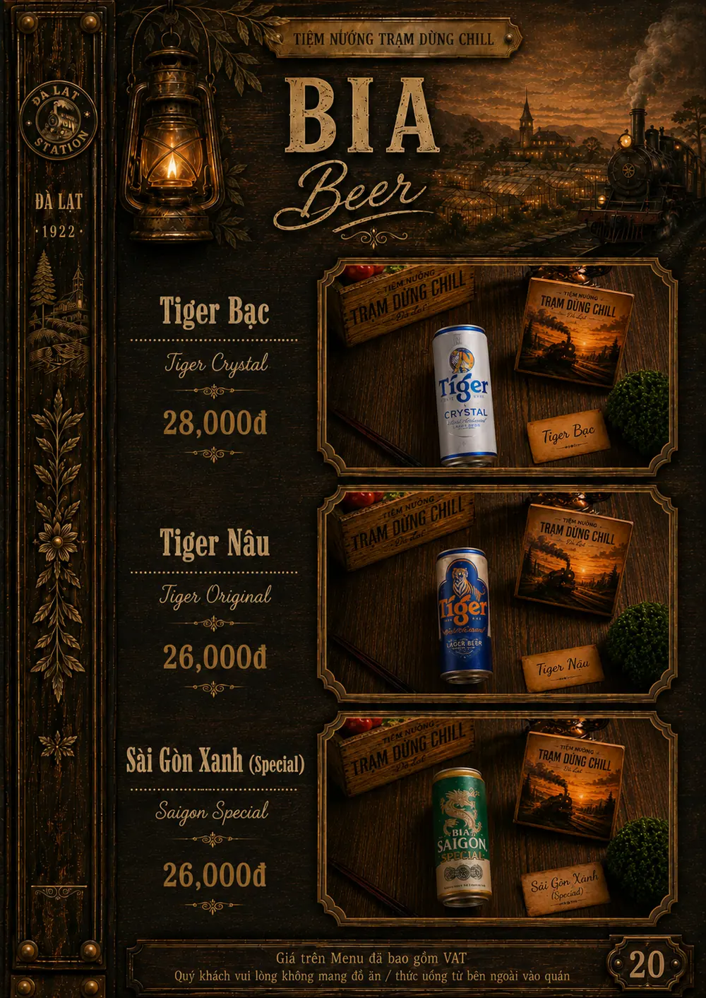 Menu bia: Tiger bạc (Tiger Crystal), Tiger nâu, Sài Gòn xanh Special