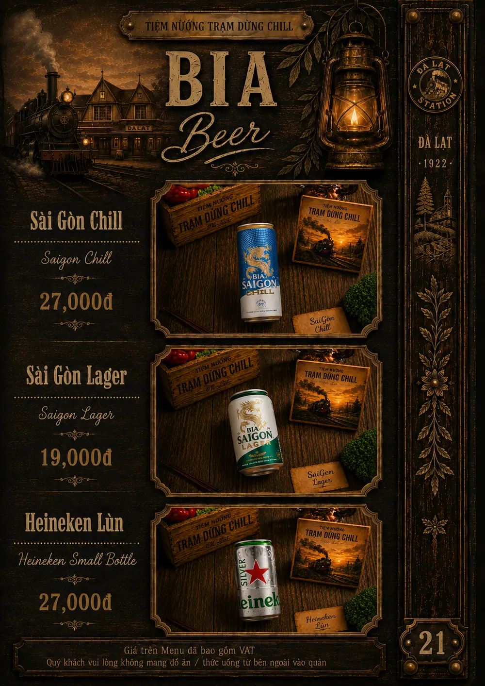 Menu bia: Sài Gòn Chill, Sài Gòn Lager, Heineken lùn