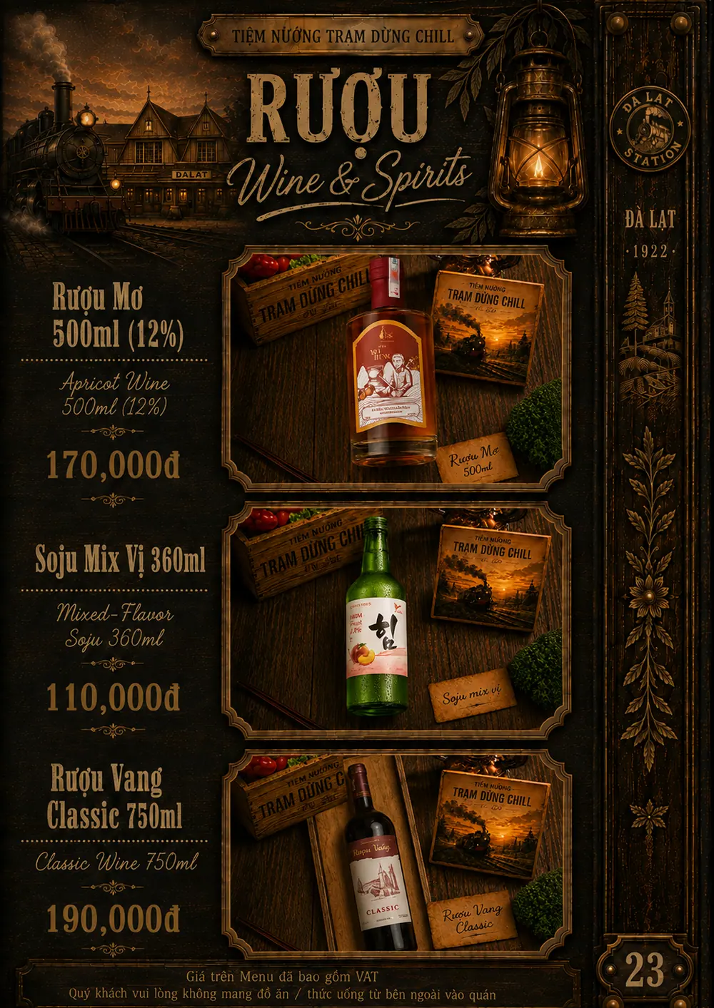 Menu rượu: rượu mơ 500ml, soju mix vị 360ml, rượu vang Classic 750ml
