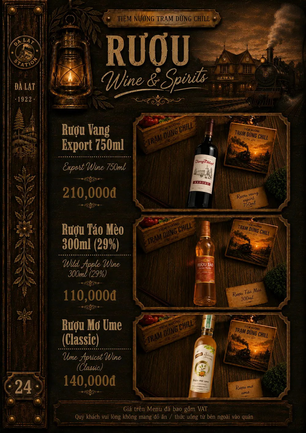 Menu rượu: rượu vang Export 750ml, rượu táo mèo 300ml, rượu mơ Ume Classic