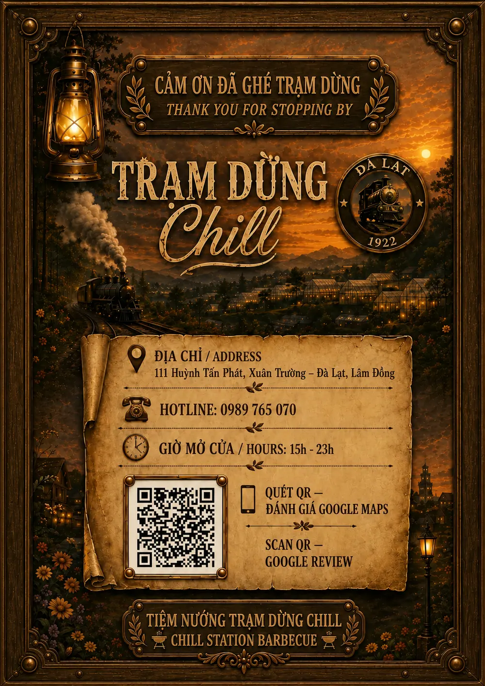 Trang cuối menu Trạm Dừng Chill: địa chỉ 111 Huỳnh Tấn Phát, Xuân Trường - Đà Lạt, hotline 0989 765 070, giờ mở cửa 15h-23h, mã QR đánh giá Google Maps